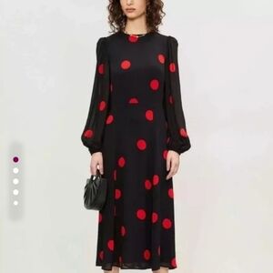 Reformation Red Large Polka Dot Dress Black Long Sleeve Viscose Size 0 Modest